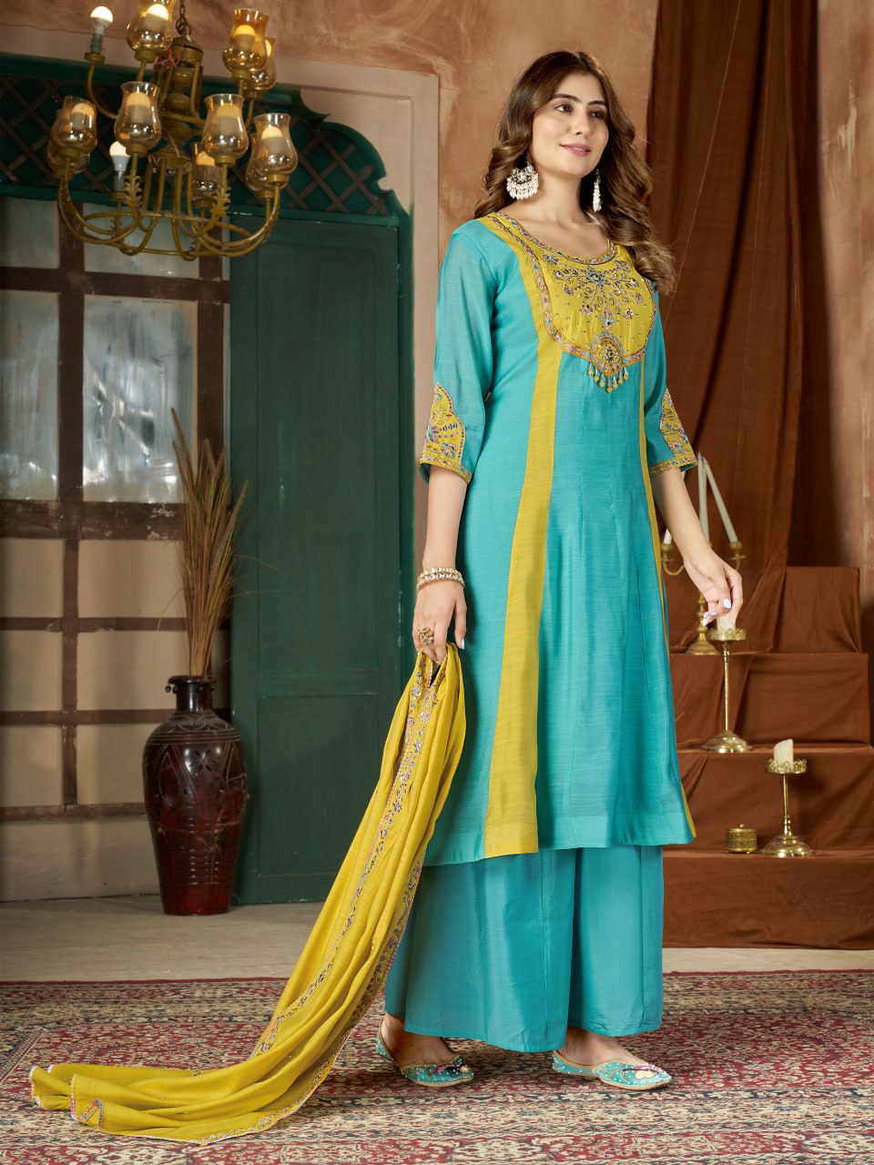 Turquoise Blue & Mustard Yellow Embroidered Mal Chanderi Kurta Set with Dupatta