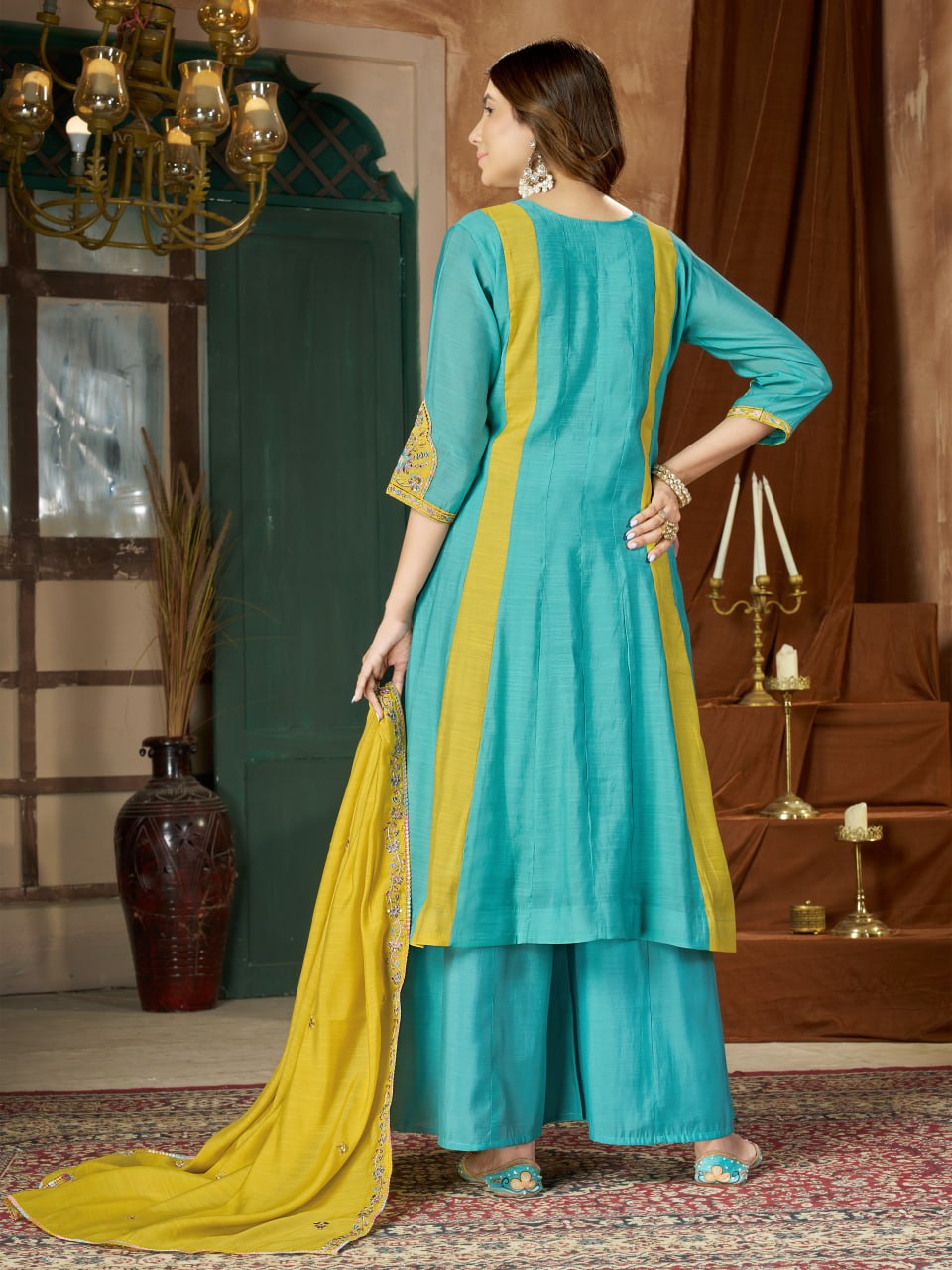 Turquoise Blue & Mustard Yellow Embroidered Mal Chanderi Kurta Set with Dupatta