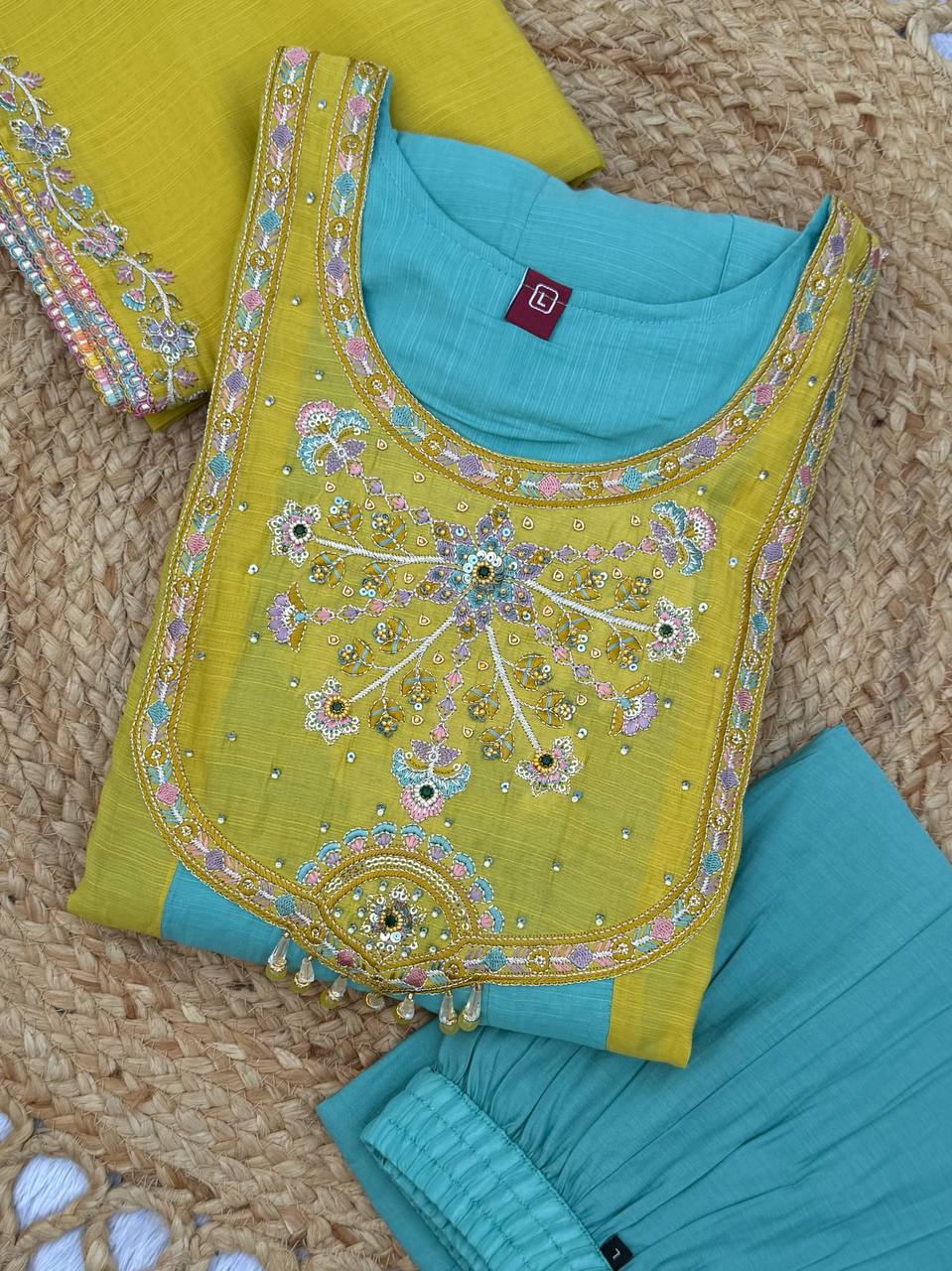 Turquoise Blue & Mustard Yellow Embroidered Mal Chanderi Kurta Set with Dupatta
