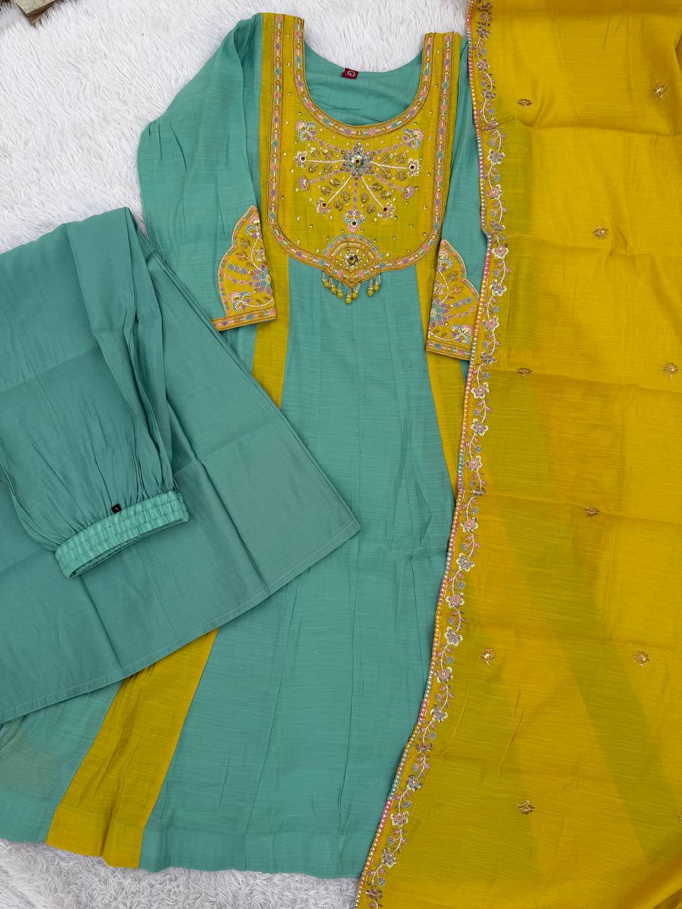 Turquoise Blue & Mustard Yellow Embroidered Mal Chanderi Kurta Set with Dupatta