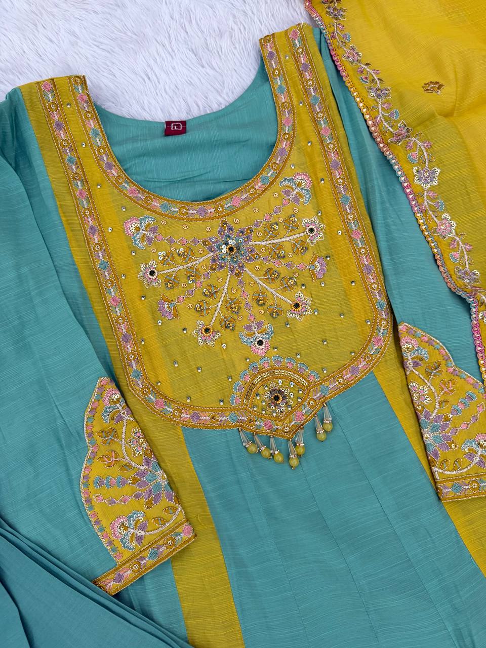 Turquoise Blue & Mustard Yellow Embroidered Mal Chanderi Kurta Set with Dupatta