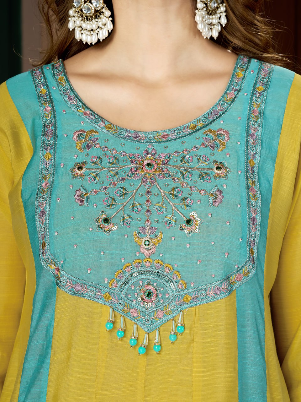 Mustard Yellow & Turquoise Blue Embroidered Mal Chanderi Kurta Set with Dupatta