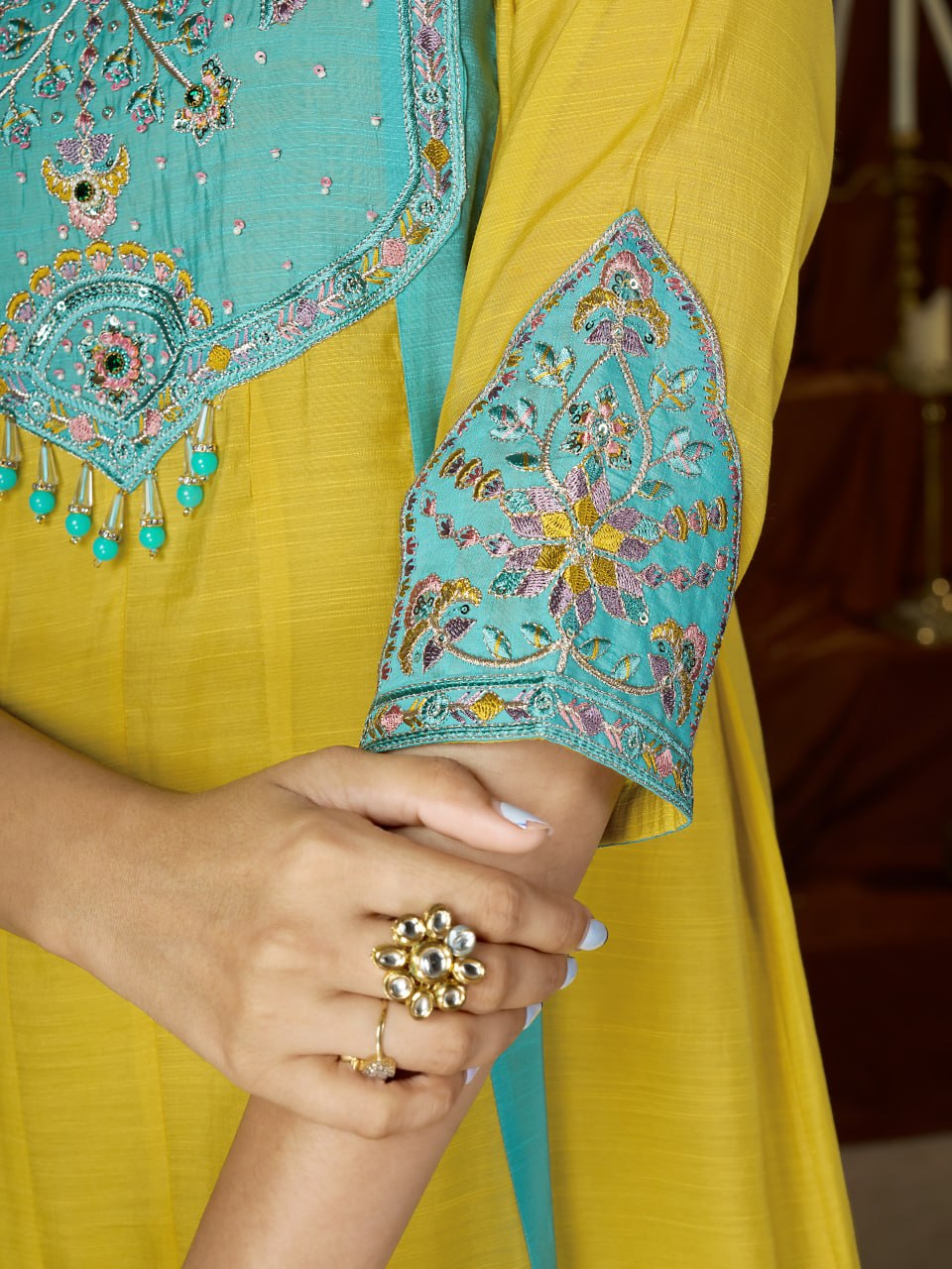 Mustard Yellow & Turquoise Blue Embroidered Mal Chanderi Kurta Set with Dupatta