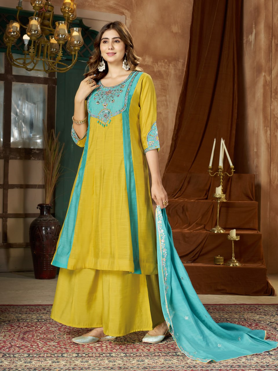 Mustard Yellow & Turquoise Blue Embroidered Mal Chanderi Kurta Set with Dupatta
