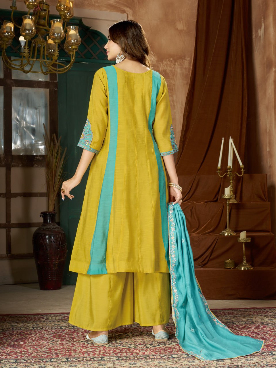 Mustard Yellow & Turquoise Blue Embroidered Mal Chanderi Kurta Set with Dupatta