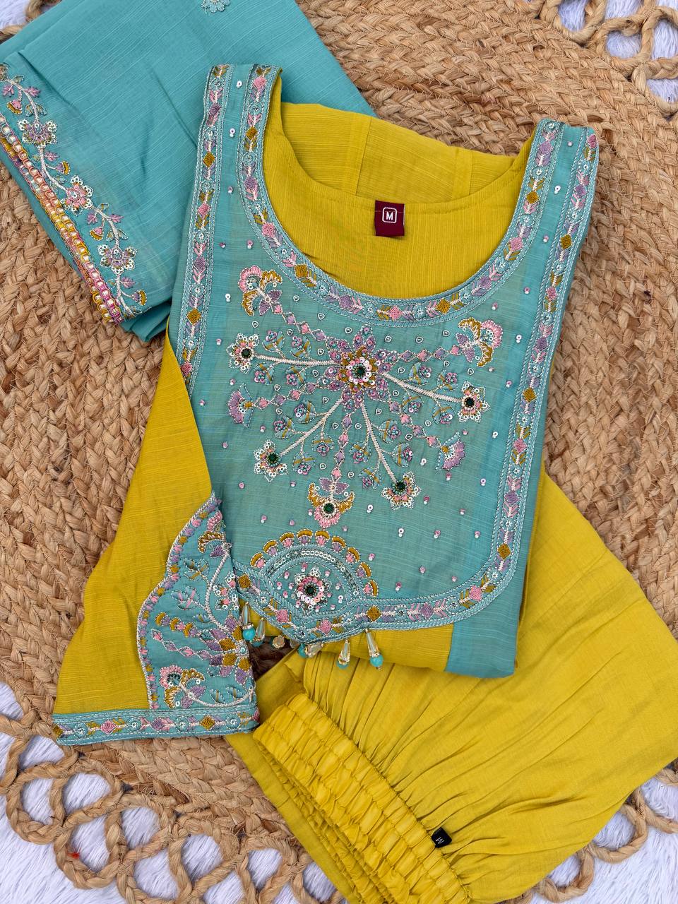 Mustard Yellow & Turquoise Blue Embroidered Mal Chanderi Kurta Set with Dupatta