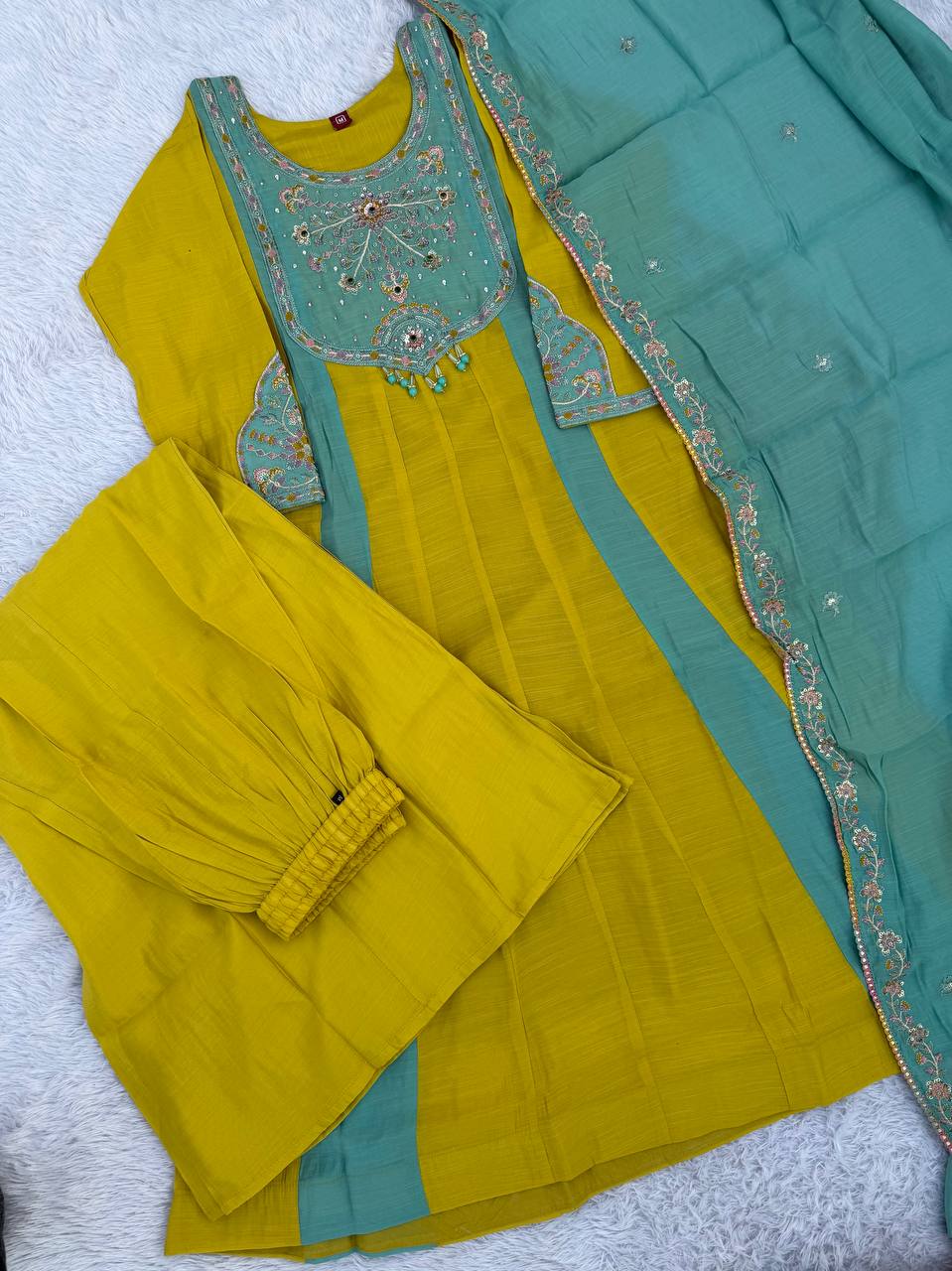 Mustard Yellow & Turquoise Blue Embroidered Mal Chanderi Kurta Set with Dupatta