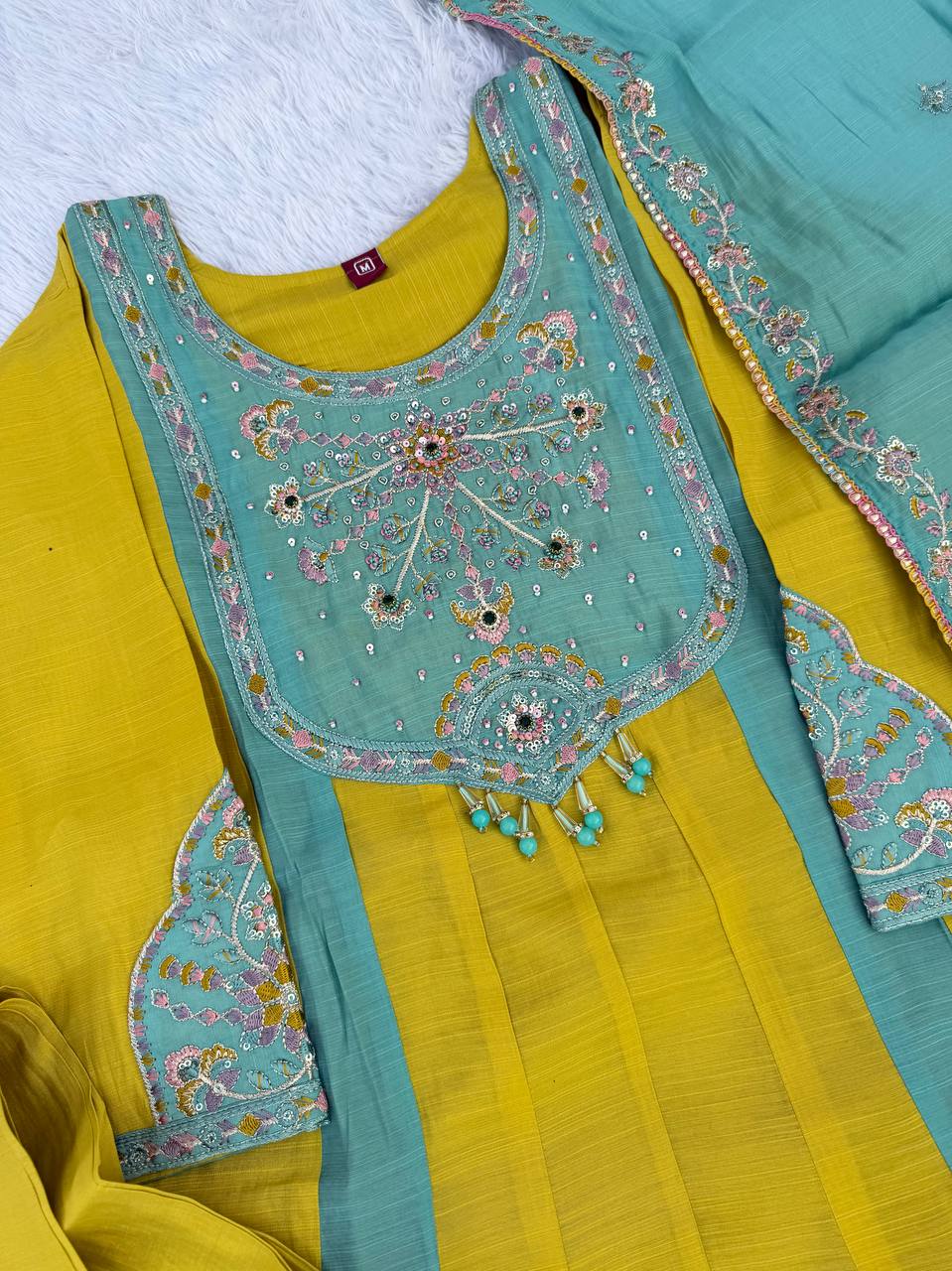 Mustard Yellow & Turquoise Blue Embroidered Mal Chanderi Kurta Set with Dupatta