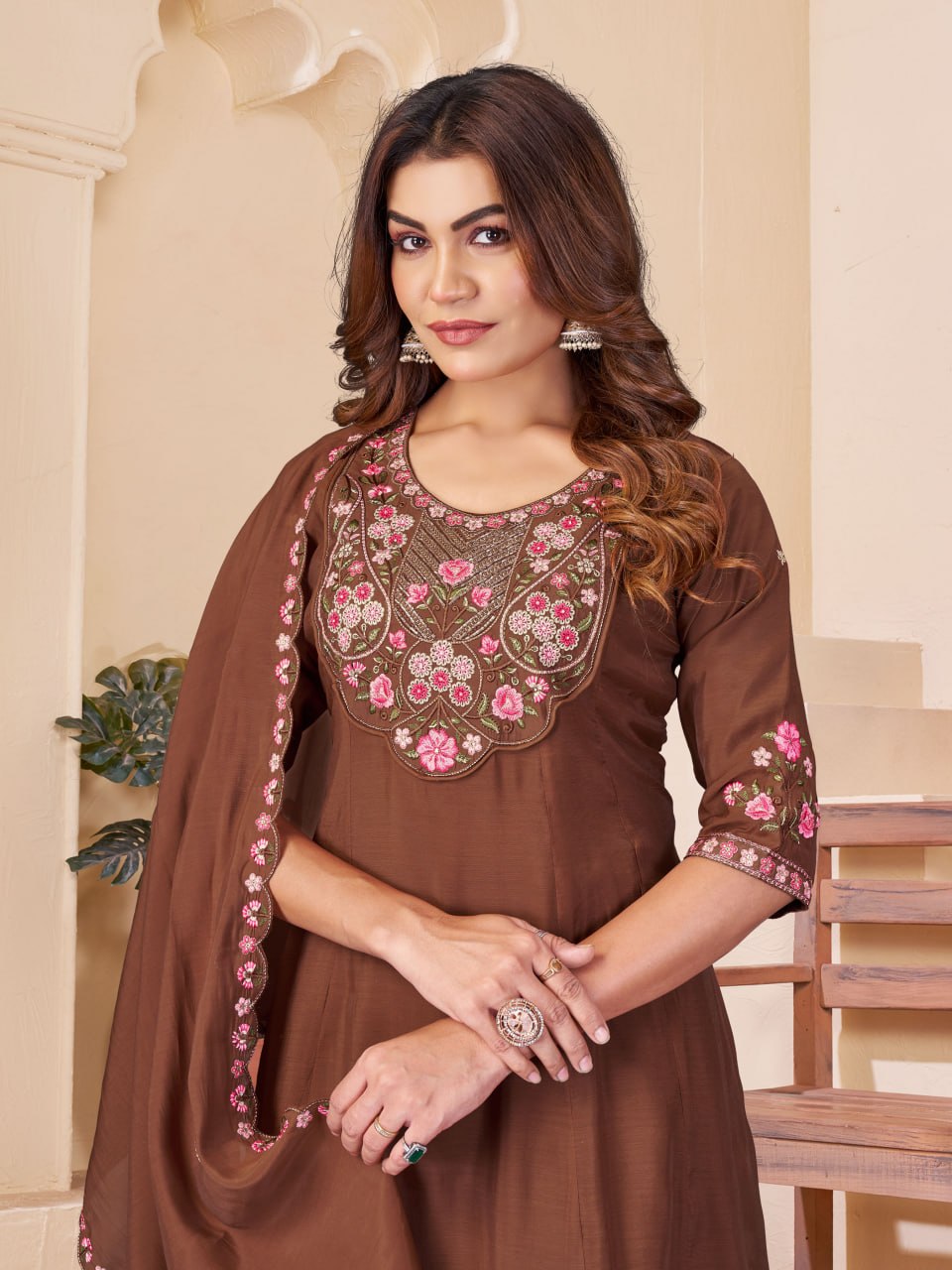 Chocolate Brown Pink Floral Embroidered Mal Chanderi Kurta Set with Dupatta