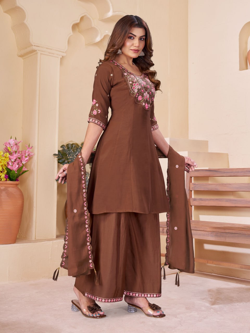 Chocolate Brown Pink Floral Embroidered Mal Chanderi Kurta Set with Dupatta