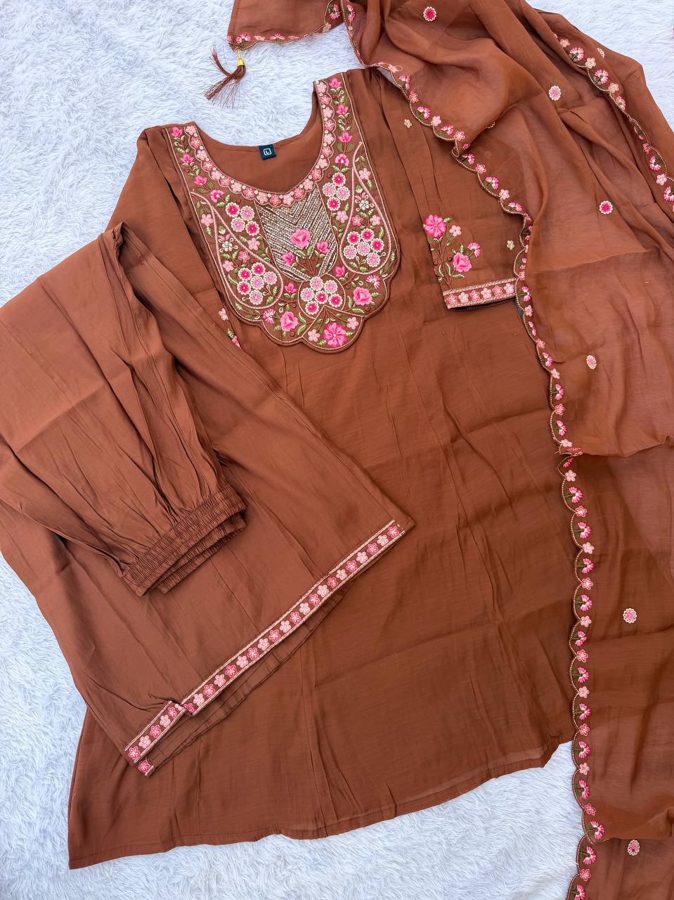 Chocolate Brown Pink Floral Embroidered Mal Chanderi Kurta Set with Dupatta