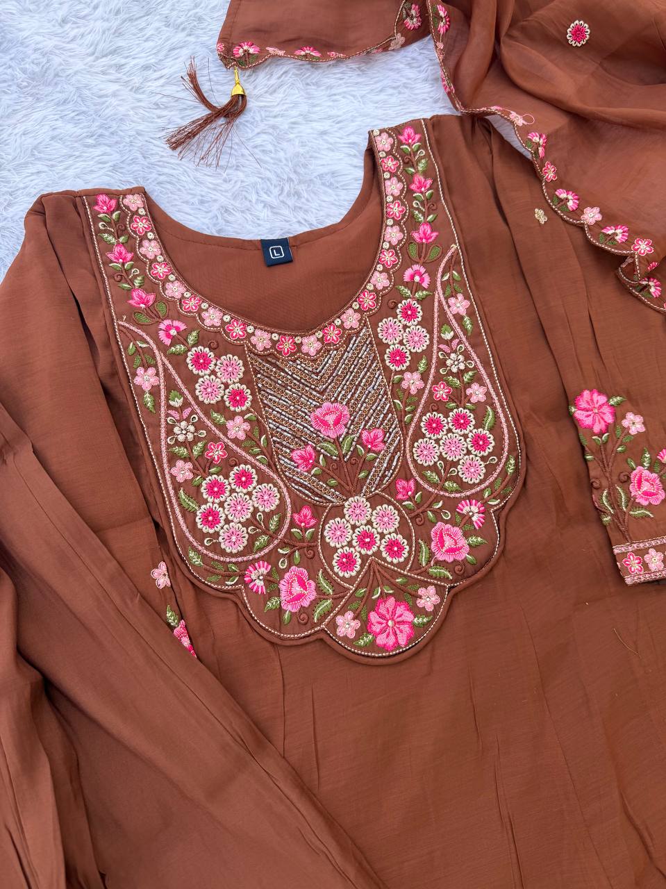 Chocolate Brown Pink Floral Embroidered Mal Chanderi Kurta Set with Dupatta
