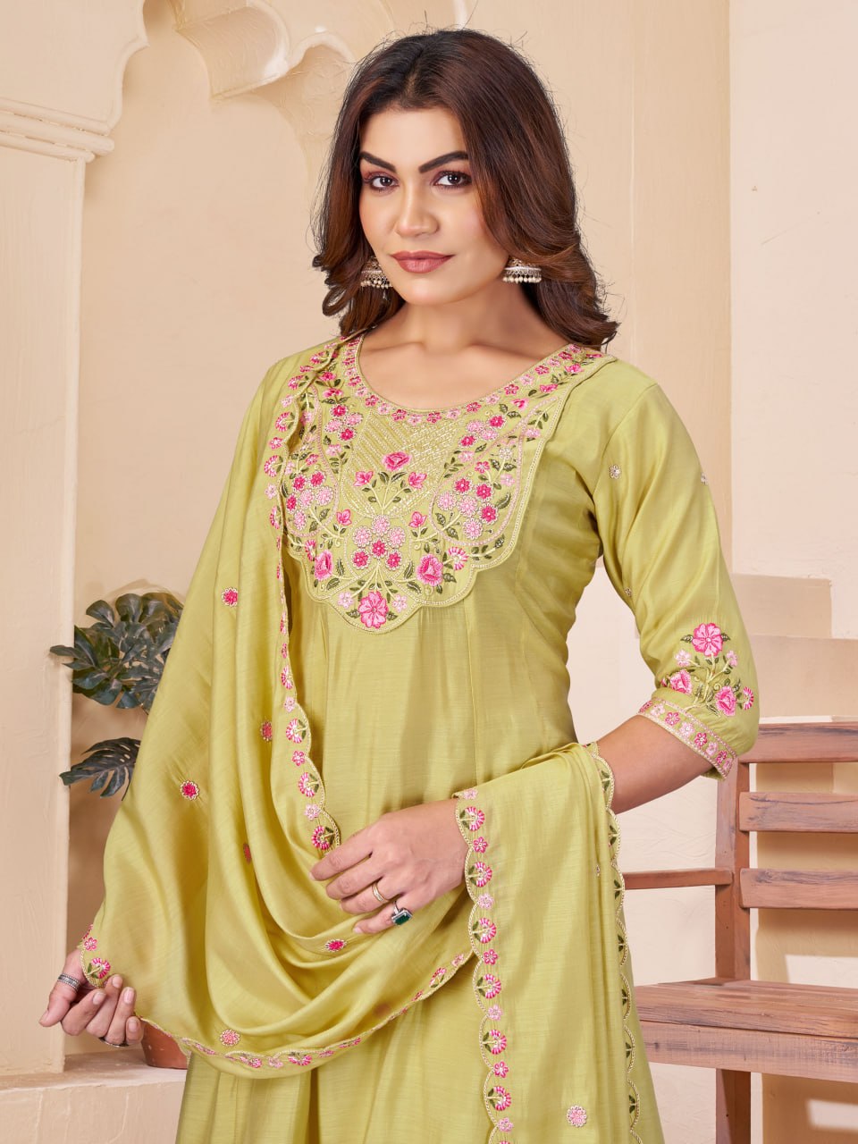 Lime Green & Pink Floral Embroidered Mal Chanderi Kurta Set with Dupatta