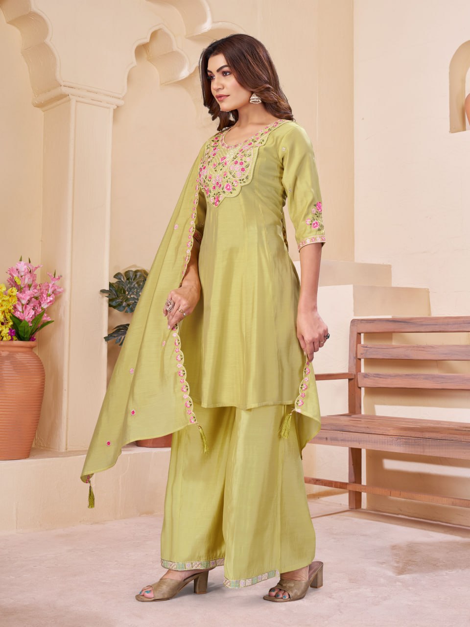 Lime Green & Pink Floral Embroidered Mal Chanderi Kurta Set with Dupatta