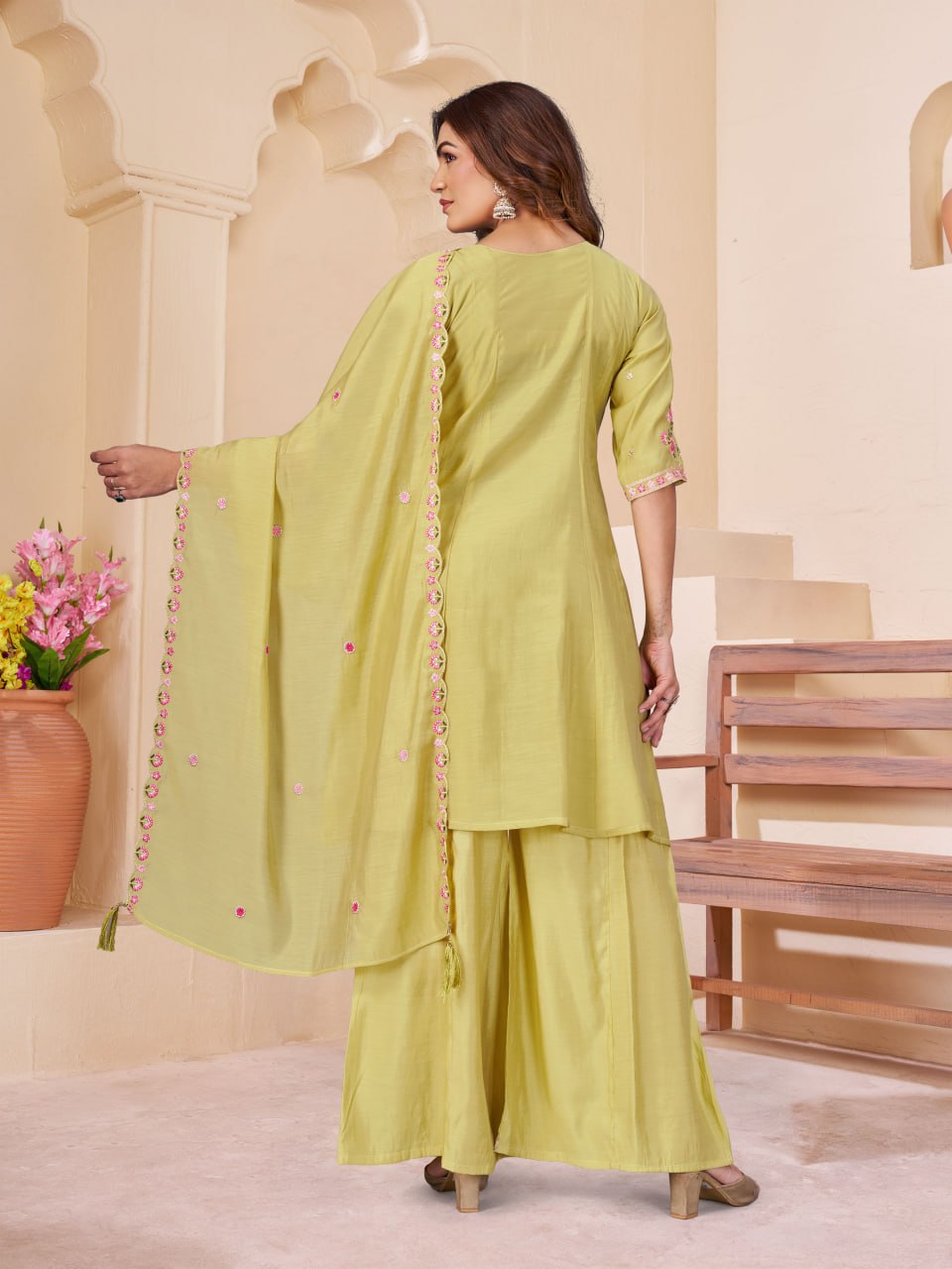 Lime Green & Pink Floral Embroidered Mal Chanderi Kurta Set with Dupatta