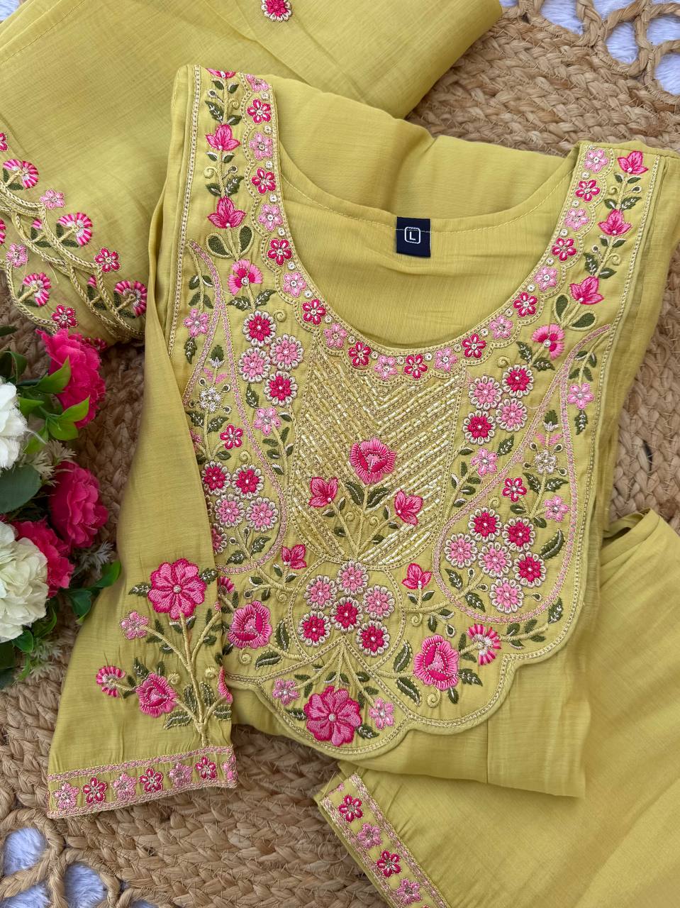 Lime Green & Pink Floral Embroidered Mal Chanderi Kurta Set with Dupatta
