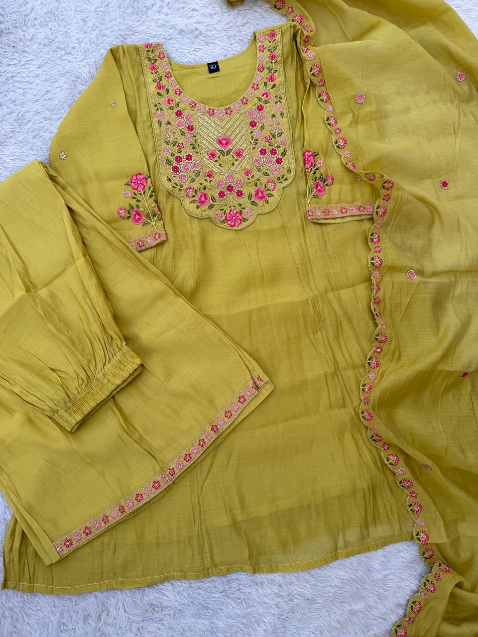 Lime Green & Pink Floral Embroidered Mal Chanderi Kurta Set with Dupatta