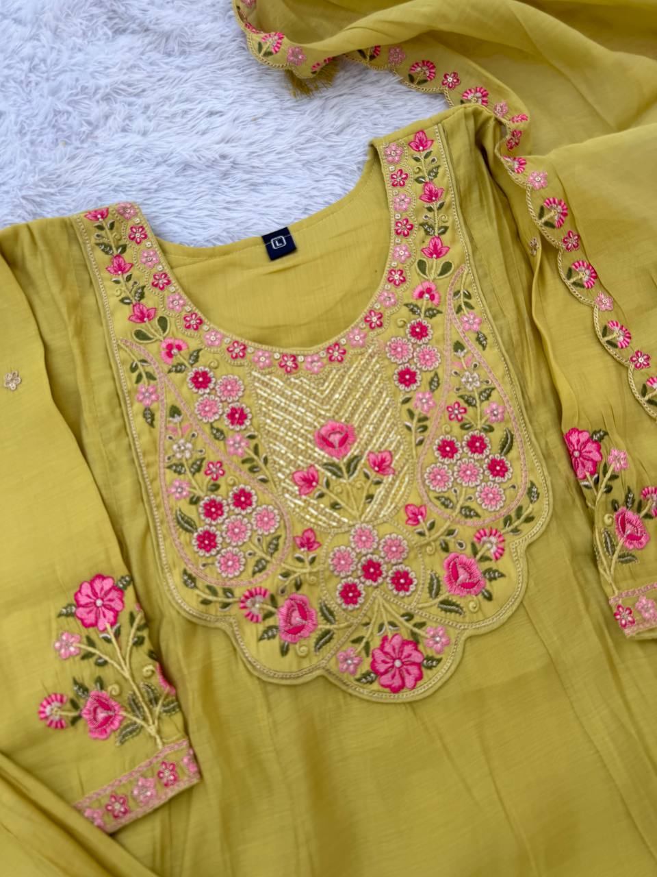 Lime Green & Pink Floral Embroidered Mal Chanderi Kurta Set with Dupatta