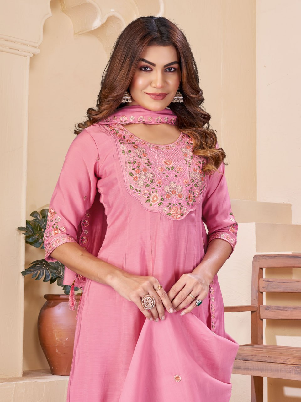 Rani Pink Floral Embroidered Mal Chanderi Kurta Set with Dupatta