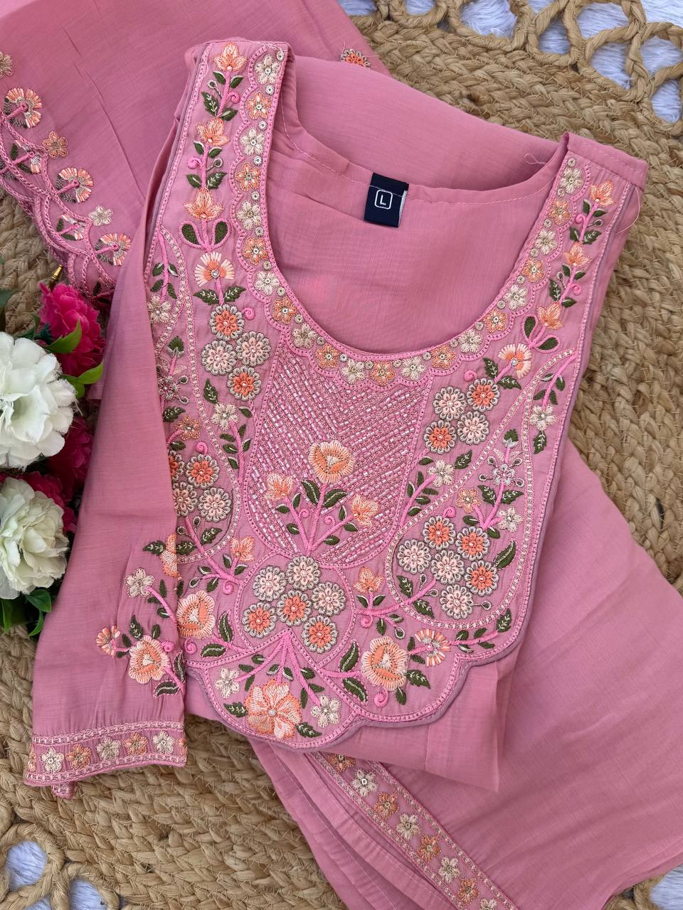 Rani Pink Floral Embroidered Mal Chanderi Kurta Set with Dupatta