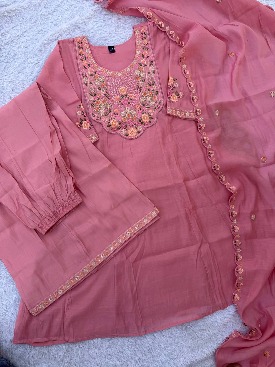 Rani Pink Floral Embroidered Mal Chanderi Kurta Set with Dupatta