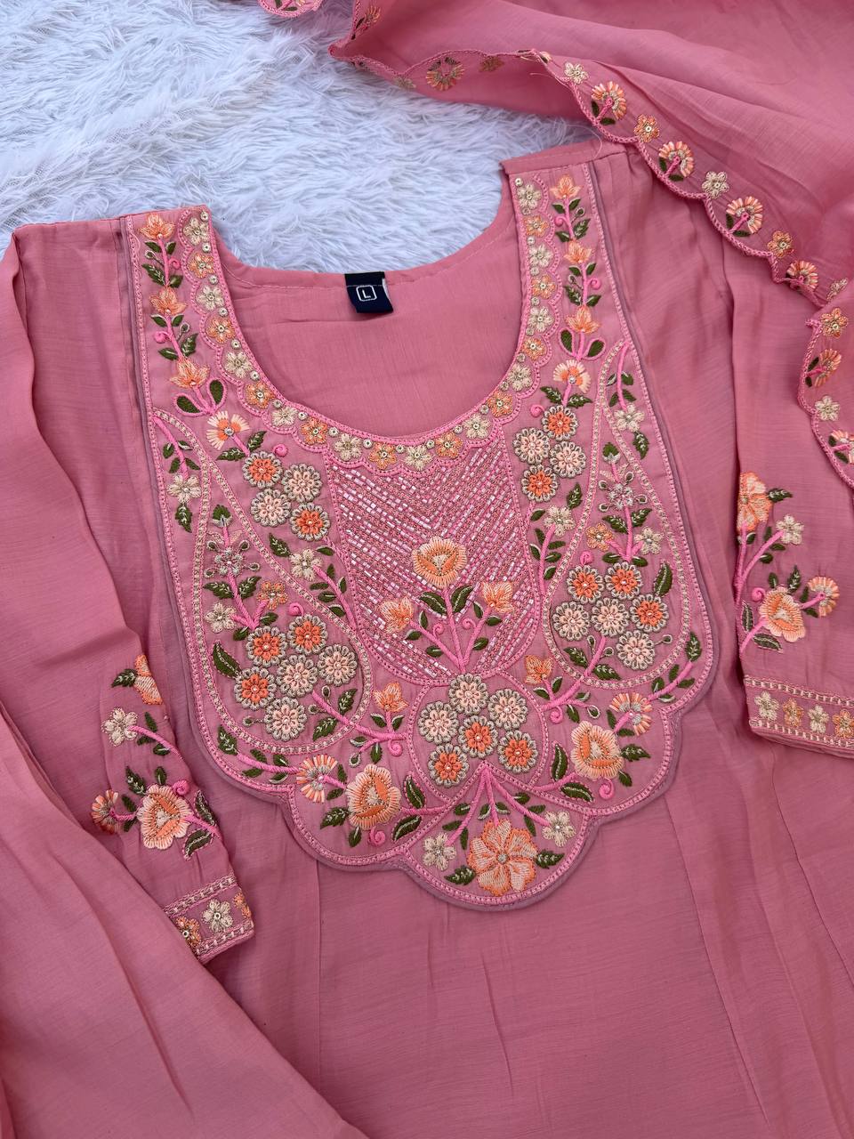 Rani Pink Floral Embroidered Mal Chanderi Kurta Set with Dupatta