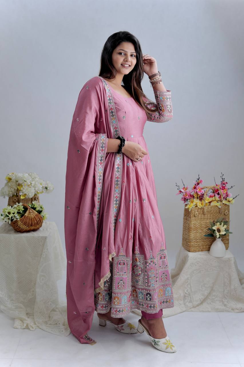 Royal Chinon Silk Embroidered Gown Set-Light Purple