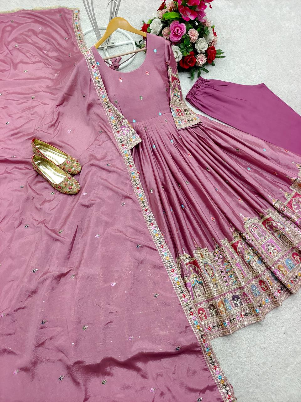 Royal Chinon Silk Embroidered Gown Set-Light Purple