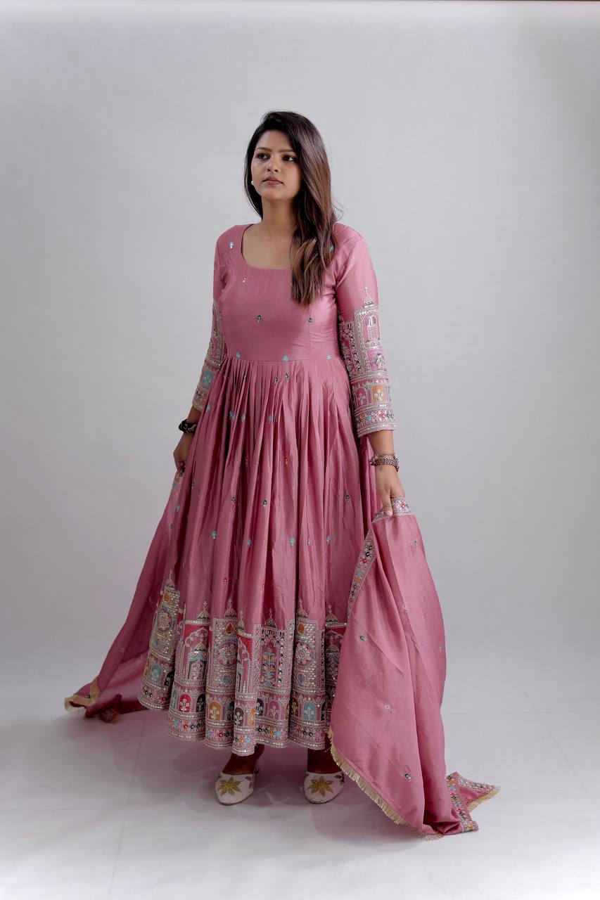 Royal Chinon Silk Embroidered Gown Set-Light Purple
