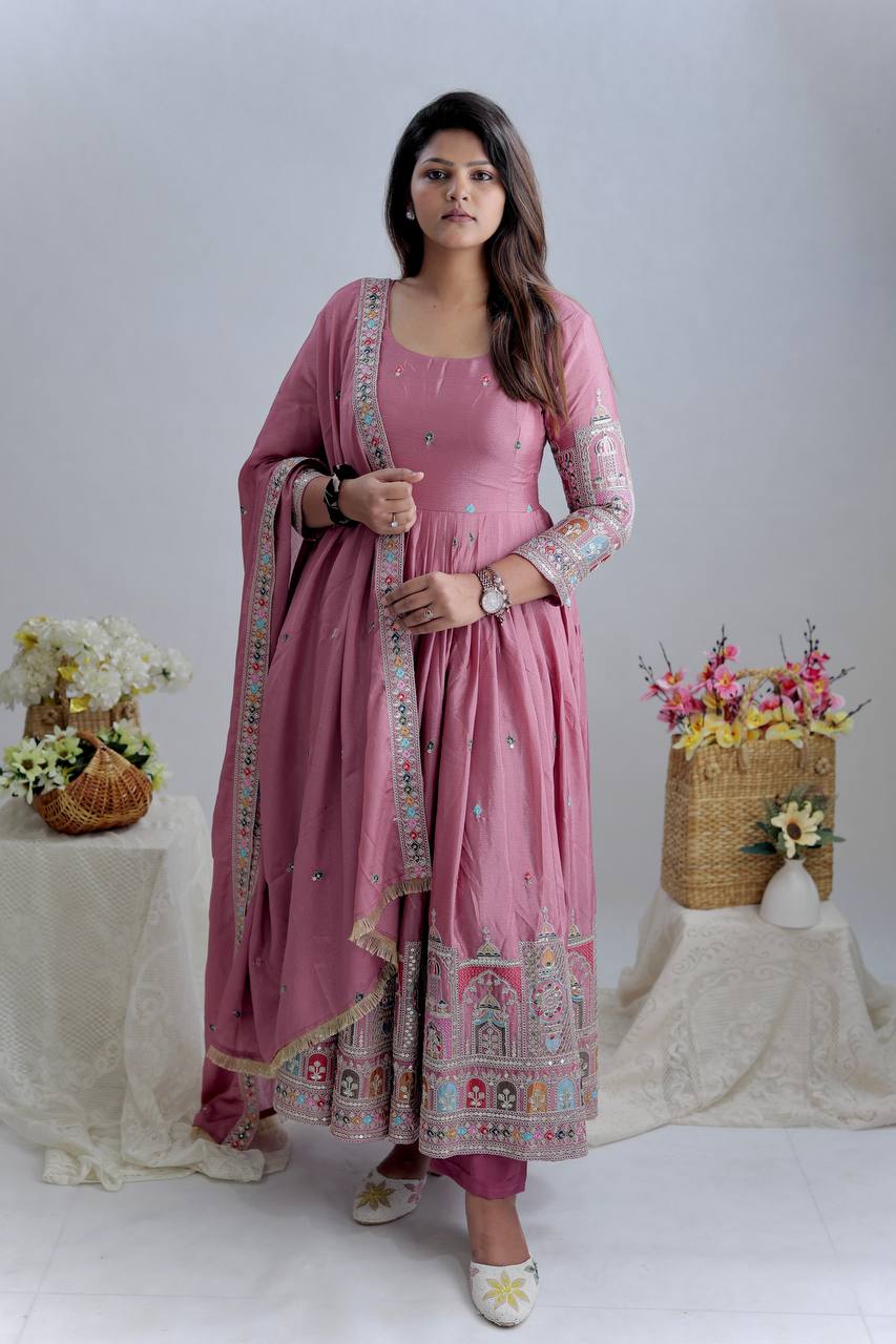 Royal Chinon Silk Embroidered Gown Set-Light Purple
