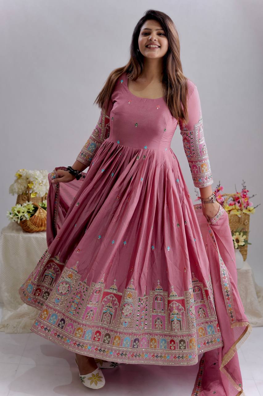 Royal Chinon Silk Embroidered Gown Set-Light Purple