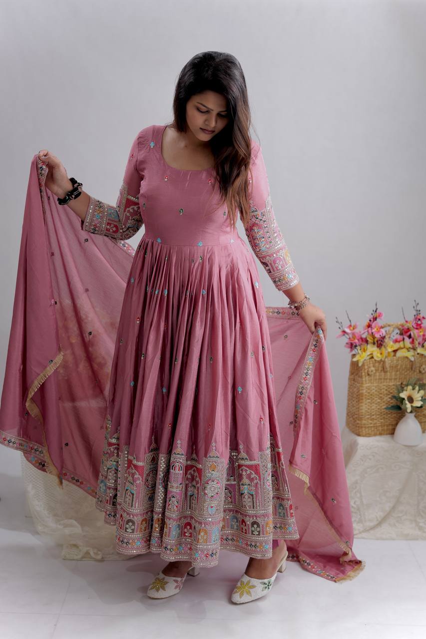 Royal Chinon Silk Embroidered Gown Set-Light Purple