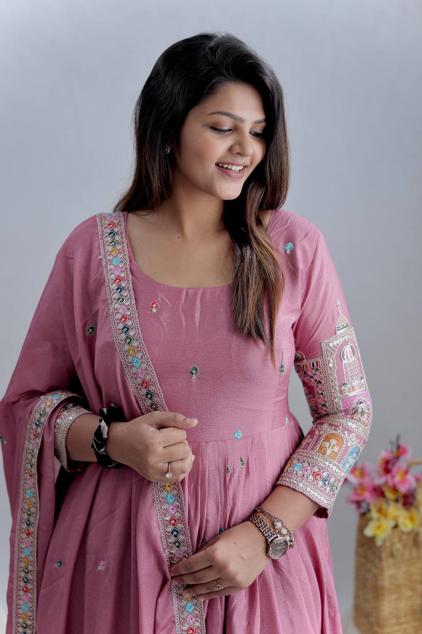 Royal Chinon Silk Embroidered Gown Set-Light Purple