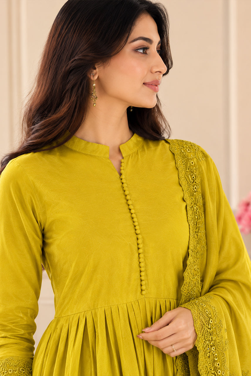 Lime Yellow Embroidered Anarkali Set