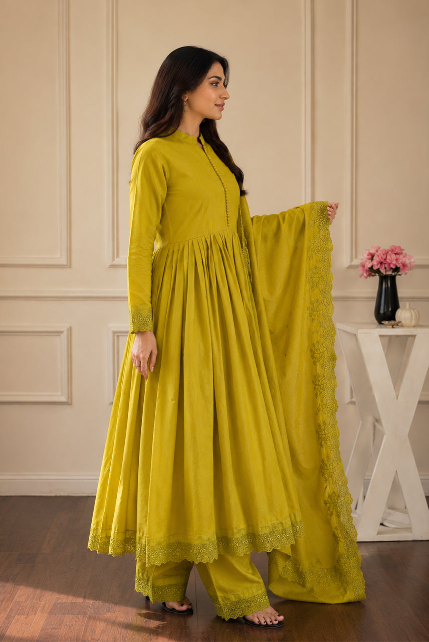 Lime Yellow Embroidered Anarkali Set