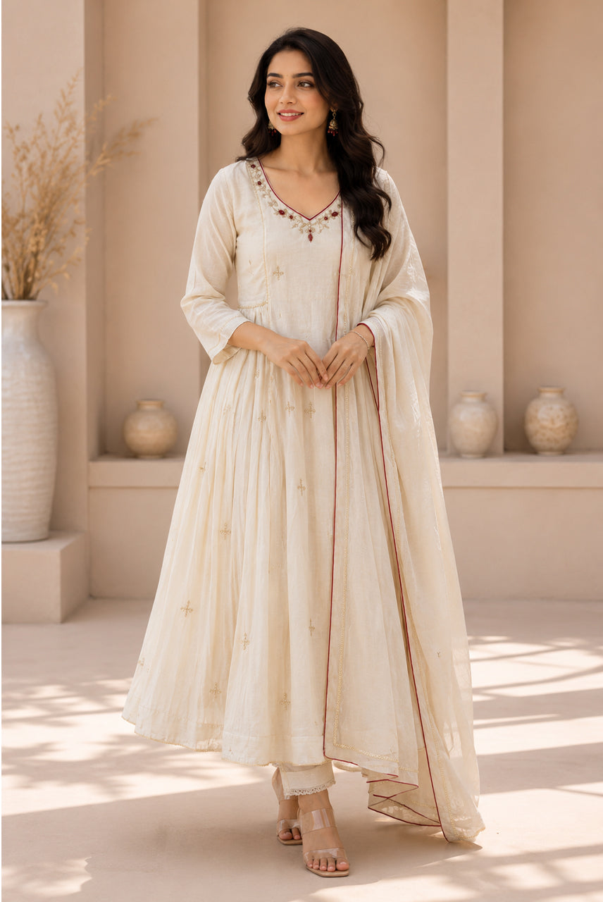 Ivory Embroidered A-Line Kurta Set with Contrast Dupatta