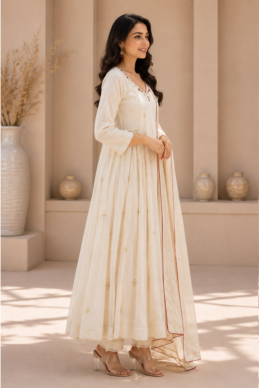 Ivory Embroidered A-Line Kurta Set with Contrast Dupatta