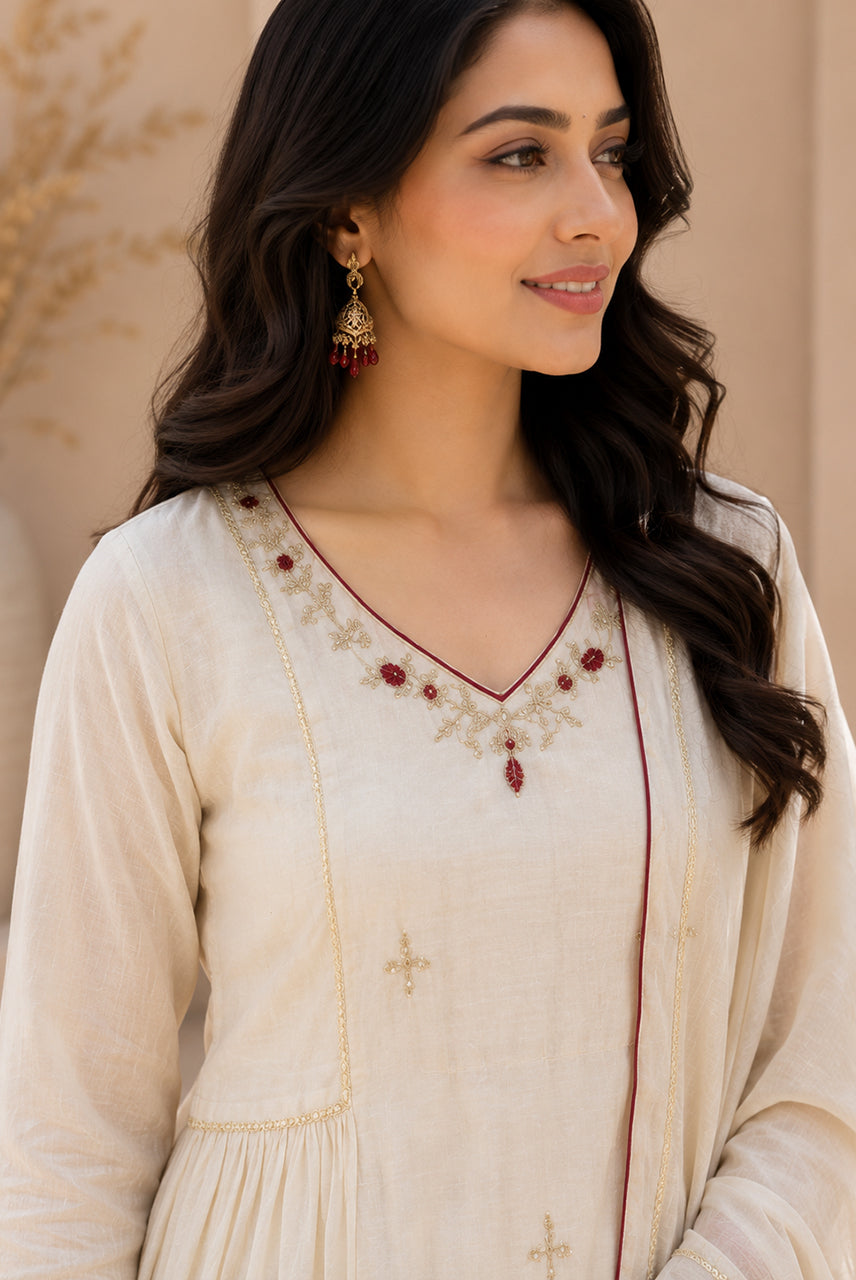 Ivory Embroidered A-Line Kurta Set with Contrast Dupatta